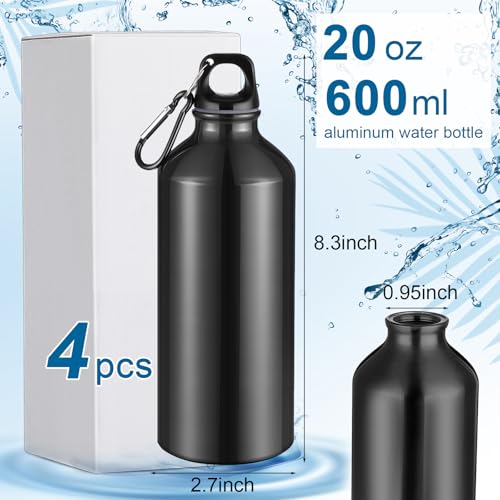 4 Pcs Aluminum Water Bottle 20 oz Reusable Bottles Lightweight Leak Proof Aluminum Sports Travel Bottles with Twist Cap Buckle for Gym (Black)