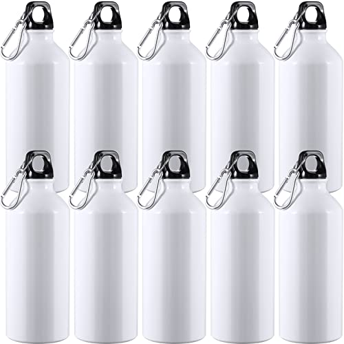 10 Pcs Aluminum Water Bottle 20 oz Reusable Bottles Lightweight Leak Proof Aluminum Sports Travel Bottles with Twist Cap Buckle for Gym (White)