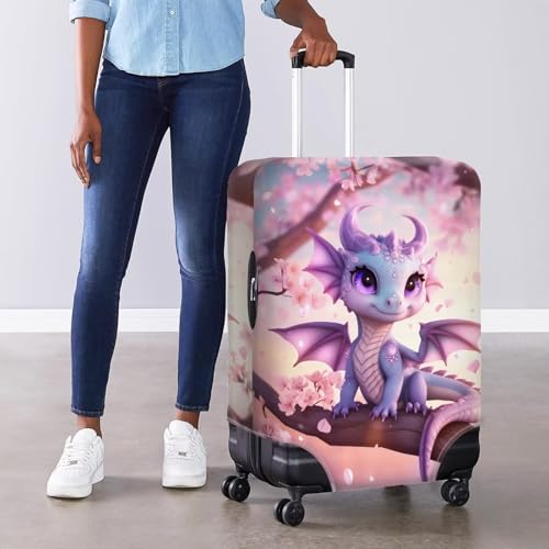Dragon Suitcase Cover Elastic Thickness Travel Luggage Protector with Invisible Zip Washable Anti (M(for 22-25 inch luggage) / Purple Dragon Cherry Floral)
