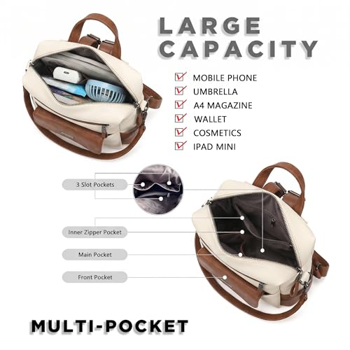 PU Leather Small Backpack Purse for Women Ladies White Brown (White Brown)