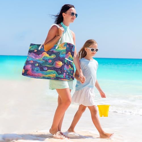 Large Beach Bags Totes Canvas Tote Shoulder Bag Soft Wave Water Resistant Bags for Gym Travel Daily Ocean (Rainbow Planet Dream)