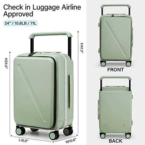 Wide Handle Luggage with Front Pocket Hardshell Aluminium Check In Suitcase with Wheels Medium 24 Inch Front Opening Checked Luggage with Spinner Wheels TSA Approved Luggage (Checked Medium 24 Inch / Bamboo Green)