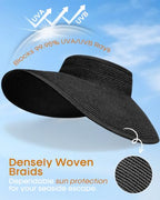 Womens Sun Visor Hats Wide Brim Straw Beach Hat UV Protection Ponytail Packable Beach Vacation Essentials Black (Black / One Size)