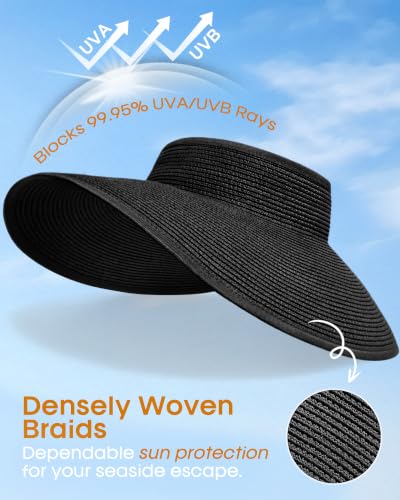 Womens Sun Visor Hats Wide Brim Straw Beach Hat UV Protection Ponytail Packable Beach Vacation Essentials Black (Black / One Size)