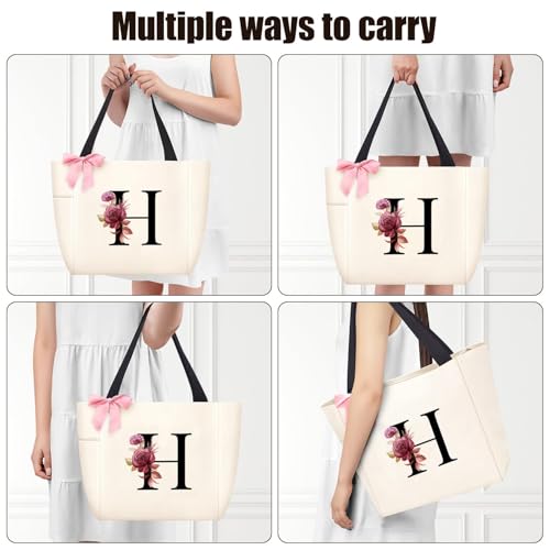 Tote Bag, A-Z Initial Monogrammed Waterproof Tote Bag, Bridesmaid Gifts for Women, Black and Pink (H, Beige) (Beige)