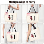Tote Bag, A-Z Initial Monogrammed Waterproof Tote Bag, Bridesmaid Gifts for Women, Black and Pink (H, Beige) (Beige)