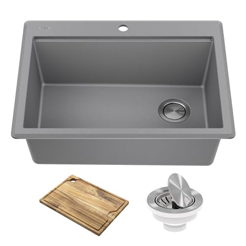 Bellucci 28 inch Granite Workstation Drop In Top Mount Single Bowl Kitchen Sink in Metallic Grey with Accessories (28 Inch / Gray)