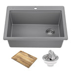 Bellucci 28 inch Granite Workstation Drop In Top Mount Single Bowl Kitchen Sink in Metallic Grey with Accessories (28 Inch / Gray)