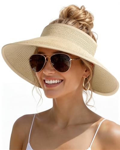 Womens Sun Visor Hats Wide Brim Straw Beach Hat UV Protection Ponytail Packable Beach Vacation Essentials Beige (Beige / One Size)