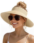 Womens Sun Visor Hats Wide Brim Straw Beach Hat UV Protection Ponytail Packable Beach Vacation Essentials Beige (Beige / One Size)