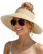 Womens Sun Visor Hats Wide Brim Straw Beach Hat UV Protection Ponytail Packable Beach Vacation Essentials Beige (Beige / One Size)