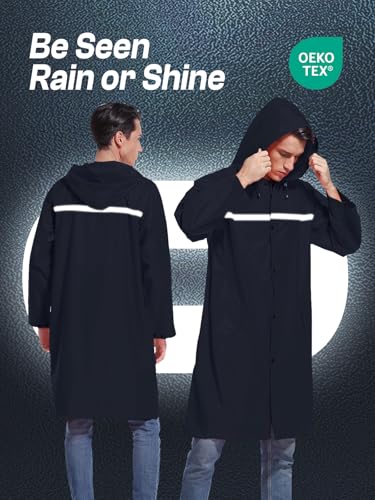 Mens Long Hooded Safety Rain Jacket Waterproof Emergency Raincoat Poncho (Large / Navy)
