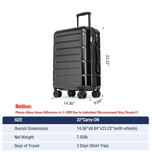 Carry On Luggage 22x14x9 Airline Approved Hardshell Carry On Suitcases with Wheels Travel Rolling 20 Inch Luggage with Cup Holder for Men Women (Black / Carry-On 22-Inch（non-expandable）)