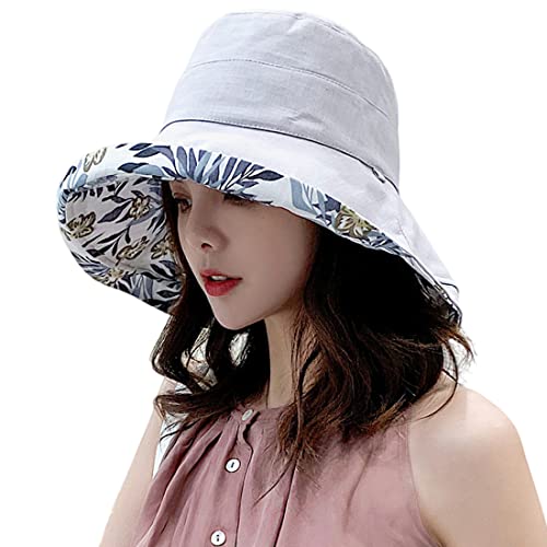 Women Floral Reversible Wide Brim Sun Hats Summer UV Protection Hiking Fishing Hat Wired Edge Beach Garden Lawn Work Cap Chin Strap (Medium / Qf002-gray)