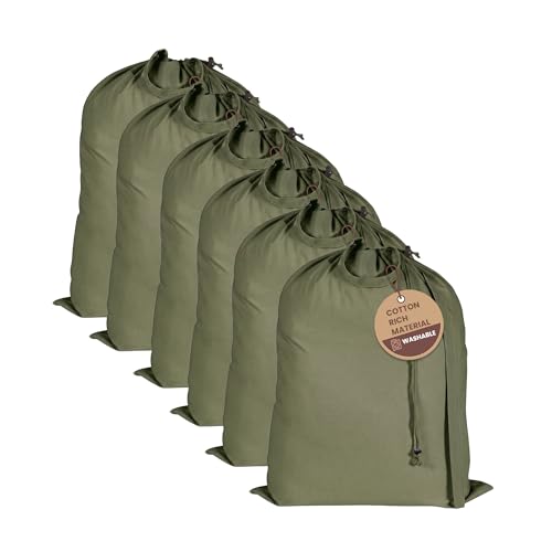 LFH Home Large Premium Cotton Rich Canvas Laundry Bag with Drawstring and Handles Heavy Duty (28"x36" (Pack of 6) / Military Green)
