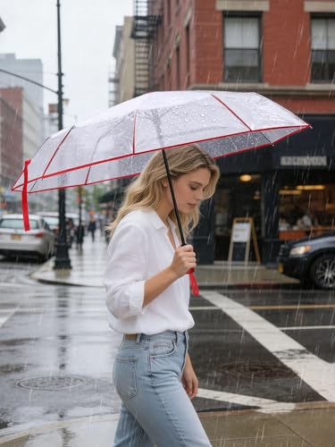 Windproof Travel Umbrellas for Rain and Sun (Clear-Red / 1 PK)