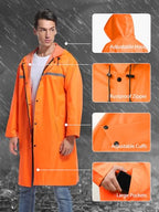 Mens Long Hooded Safety Rain Jacket Waterproof Emergency Raincoat Poncho (Medium / Orange)