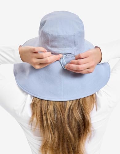 Women's Ultra Wide Cotton Linen Hat UPF 50+ (Small-Medium / Light Blue / Beige)