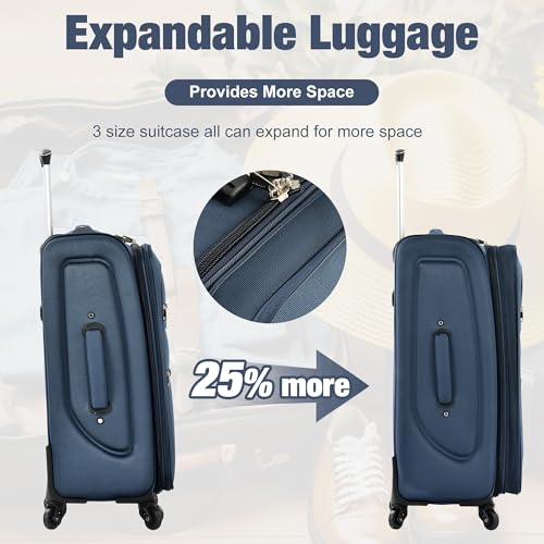Softside Luggage Set Lightweight 3 Piece Suitcase with Duffel Bag (Softside Luggage(22/26/30) / Deep Blue + bags)