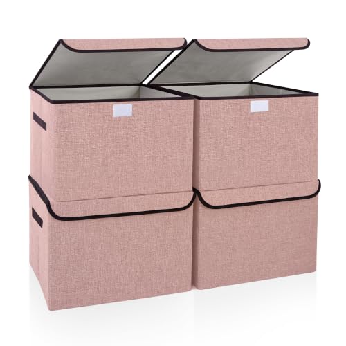 Linen Fabric Foldable Storage Cube Bin Organizer Basket with Flip (Pink / Medium - 4 Pack)