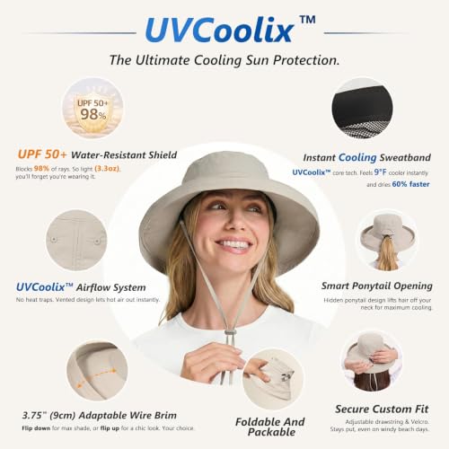 UVCoolix Women's UPF 50+ Wide Brim Cooling Sun Hat (Medium-Large / Khaki)