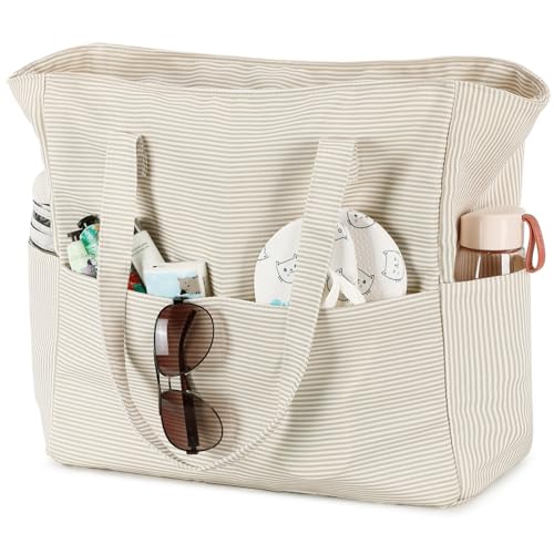Waterproof Beach Tote Pool Bags for Women Ladies Extra Large Gym Tote Carry On Bag With Wet Compartment for Weekender Travel (S Khaki Stripes)