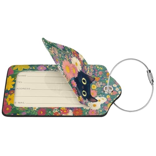 2 Pcs Luggage Tags for Suitcases Black Cat PU Leather Luggage Tag with Privacy Cover Label Address Card and Durable Metal Ring Suitable for Men Women Handbags Backpacks (Black Cat Flower 3)