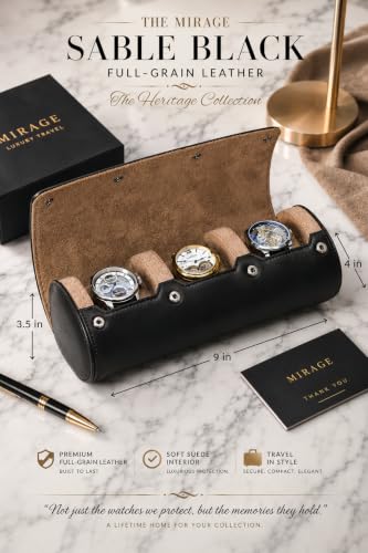 Watch Travel Case for Men Leather Watch Roll for Travel Organizer and Display 3 Watch Case Full (9x4x3 / Sable Black)