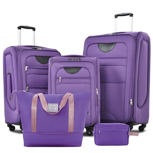 Softside Luggage Set Lightweight 3 Piece Suitcase with Duffel Bag (Softside Luggage(22/26/30) / Purple + bags)