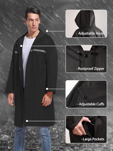 Mens Long Hooded Safety Rain Jacket Waterproof Emergency Raincoat Poncho (X-Large / Black)