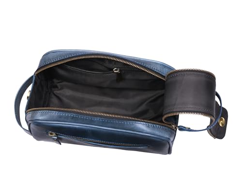 10" Premium Leather Toiletry Travel Pouch With Waterproof Lining (Royal Blue)