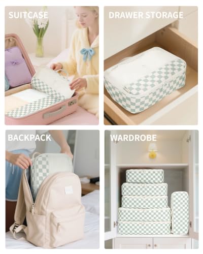 7 Set Checkered Packing Cubes for Travel Kids Women (AB-Mint Green Checkerboard / 7 Set)