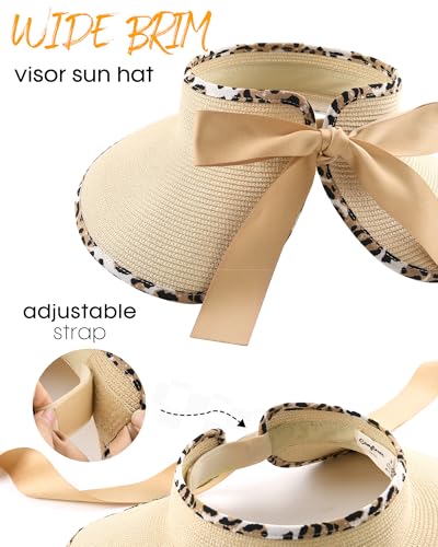 Women's Straw Sun Visor Hat UPF Wide Shade Ponytail Summer Hat (One Size / Beige Leopard Print)