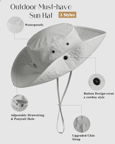 Sun Hats for Women Ponytail Wide Brim Summer Packable Cowboy Hat (One Size / Light Grey)