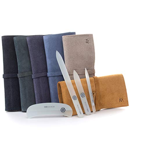 Czech Gray Crystal Glass Nail File Set (4-Pc: Nail File, Travel File, Moon File / Light Gray Suede Roll)
