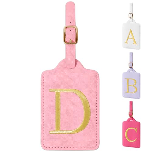 Personalized Initial Luggage Tags for Suitcase (Pink Leather,glod Letter / D)