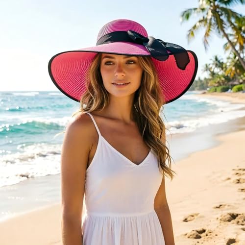 Womens Bowknot Straw Hat Foldable Beach Sun Hat Roll up UPF 50+ (Big Bow / Deep Pink 5.9" Brim, 1 Pack)