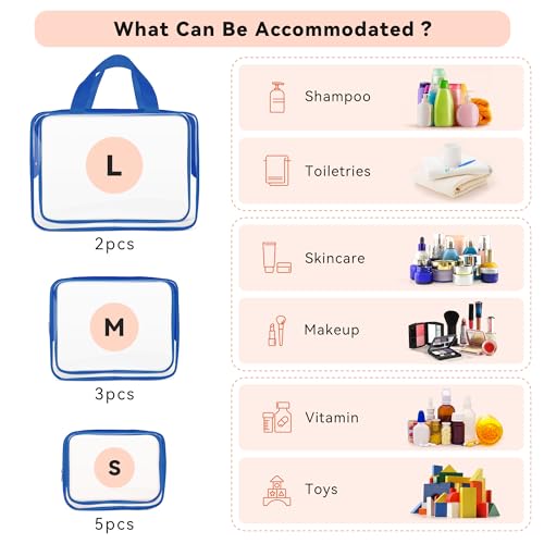 10 PCS Clear Travel Bags for Toiletries (Blue)