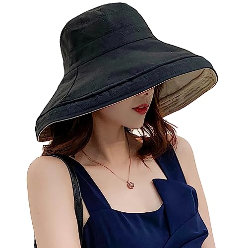 Women Summer Wide Brim Sun Hat Bucket Fishing Hats UV Protection (One Size / Lant001-black)