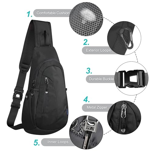 Small Sling Bag Lightweight Crossbody Bag for Women Men Hiking Backpack Travel Shoulder Bag Chest Daypack for Gym Work Outdoor Sports Black Black (Black/Black)