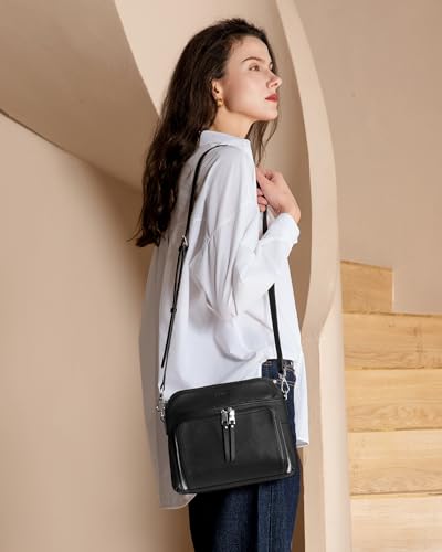 Black Genuine Leather Crossbody Bags for Women Travel Wallet Purse (Black)