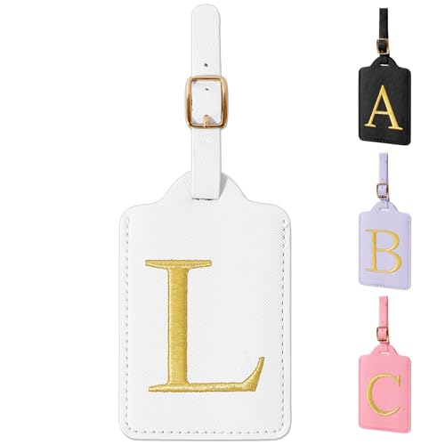 Personalized Initial Luggage Tags for Suitcase TSA Approved (White Leather,glod Letter / L)