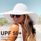 Sun Hats for Women Wide Brim Summer Hat Large Floppy Sun Straw Hat Foldable Packable Beach Hats UPF 50+ (Medium Size: White / Brim 5.5" (Head Circumference 22-22.8"))