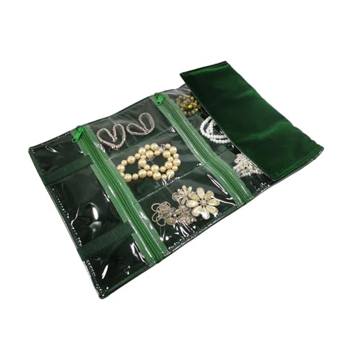 Travel Jewelry Roll Bag Portable Organizer Pouch With Grids&PVC Cover Storage Bags for Necklace (Blackish Green Velvet 9 Grids)