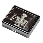 Silver Vintage Pill Box 7 Day Metal Pill Box with Mirror and 8 Compartments Cute Travel Pill Organizer for Purse (Rock and Roll Skull Skeleton)