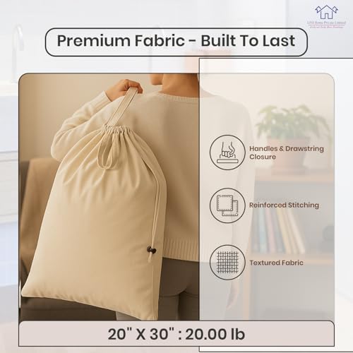 LFH Home Large Premium Cotton Rich Canvas Laundry Bag with Drawstring and Handles Heavy Duty (20”x30” (Pack of 4) / Natural)