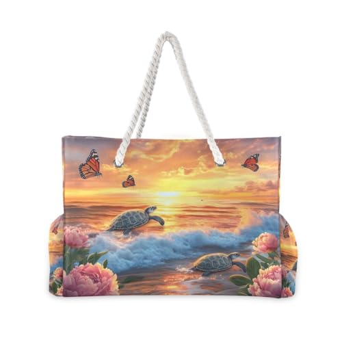 Large Beach Bags Totes Canvas Tote Shoulder Bag Soft Wave Water Resistant Bags for Gym Travel Daily Ocean (Sunset Turtle)