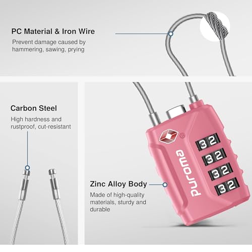 2 Pack TSA Approved Luggage Locks 4 Digit Code Cable Lock Pink Rose (Basic Pink Rose)