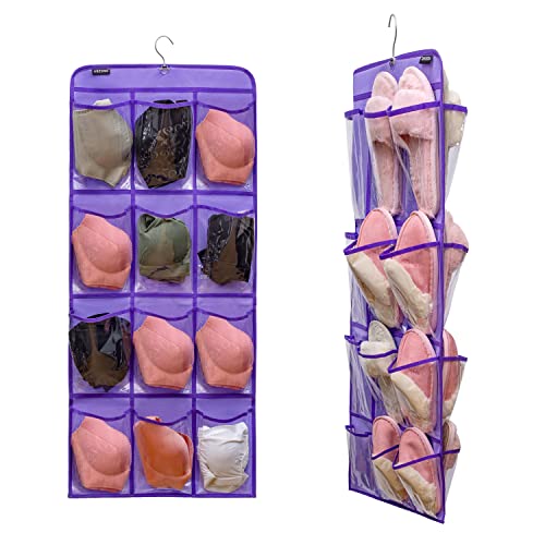 Dual Sided Hanging Shoe Organizer for Closet with Rotating Hanger Hanging Shoe Rack Holder with 24 Large Pockets (PURPLE)