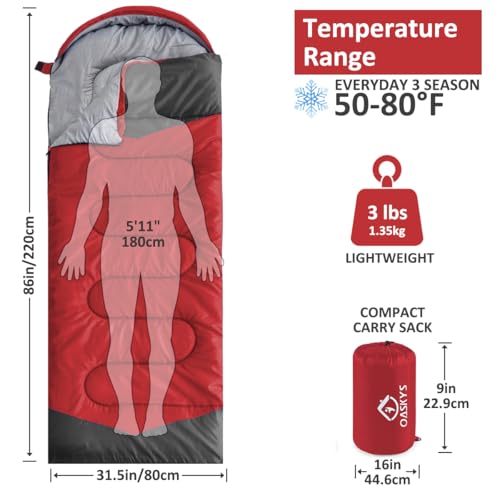 Camping Sleeping Bag (50-80°F Everyday 3 Season - Red)